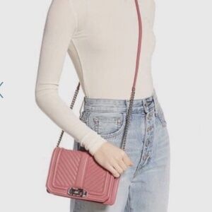 REBECCA MINKOFF Chevron Quilted Small Love Crossbody Leather in Fig NWT